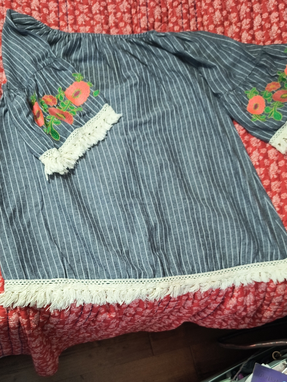 Velzera Blue Stripe Embroidered Sleeves Casual  Top